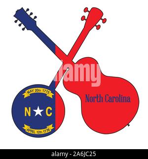 Un tipico quattro banjo stringa in silhouette con una chitarra acustica al di sopra del North Carolina State flag su sfondo bianco Illustrazione Vettoriale