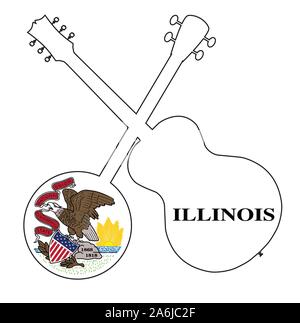 Un tipico quattro banjo stringa in silhouette con una chitarra acustica oltre l'Illinois State flag su sfondo bianco Illustrazione Vettoriale