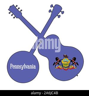 Un tipico quattro banjo stringa in silhouette con una chitarra acustica al di sopra della Pennsylvania State bandiera su sfondo bianco Illustrazione Vettoriale