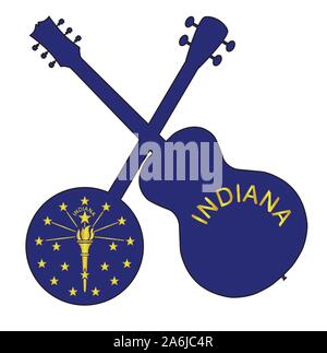 Un tipico quattro banjo stringa in silhouette con una chitarra acustica su Indiana la bandiera dello stato su sfondo bianco Illustrazione Vettoriale