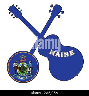 Un tipico quattro banjo stringa in silhouette con una chitarra acustica oltre il Maine State flag su sfondo bianco Illustrazione Vettoriale