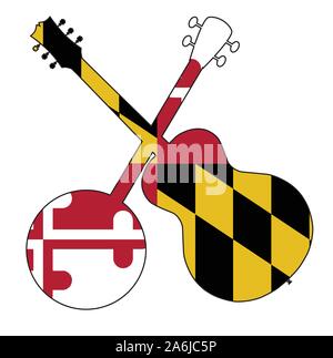 Un tipico quattro banjo stringa in silhouette con una chitarra acustica oltre il Maryland Bandiera dello stato su sfondo bianco Illustrazione Vettoriale