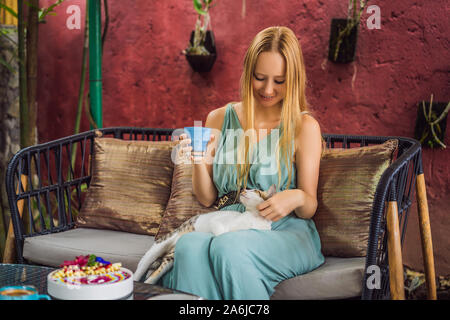 Giovane donna avente una colazione mediterranea seduto al divano e con il suo gatto e bevande bevanda alla moda: blu del latte. Hot butterfly pea latte o blu Foto Stock