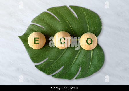 Rifiuti zero e plastica concetto libero.eco parola sul blocco di legno con foglia verde sulla tavola di marmo,eco friendly Foto Stock