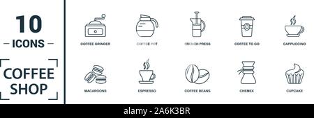 Coffe Shop icon set. Includere elementi creativi i chicchi di caffè, cappuccino, macchina del caffè, caffè per andare, caffè ghiacciato icone. Può essere utilizzato per il report Illustrazione Vettoriale