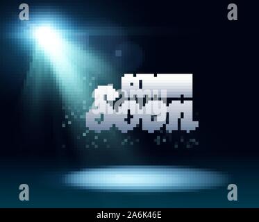 Presto in arrivo Palco illuminato con luce spotlight. Stadio film realistico poster illustrazione vettoriale. Vendita mercato commercio concetto vuoto. realistico Illustrazione Vettoriale