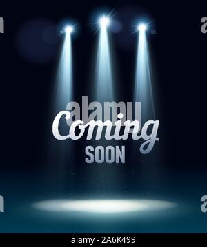 Presto in arrivo Palco illuminato con luce spotlight. Stadio film realistico poster illustrazione vettoriale. Vendita mercato commercio concetto vuoto. realistico Illustrazione Vettoriale
