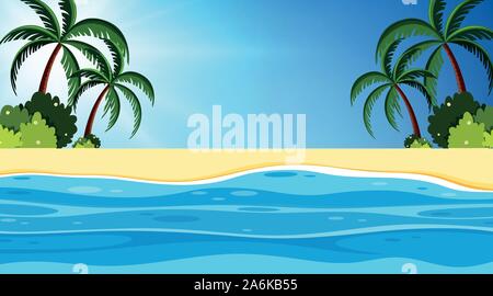 Sullo sfondo del paesaggio progettazione di oceano con alberi sulla spiaggia illustrazione Illustrazione Vettoriale