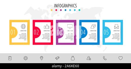 Infografico vettore modello piano. I rettangoli per cinque diagrammi, grafico, diagramma di flusso, timeline, marketing, presentazione. Il concetto di business con 5 etichette Illustrazione Vettoriale