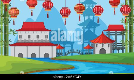 Una scena esterna con il castello di asiatici illustrazione Illustrazione Vettoriale