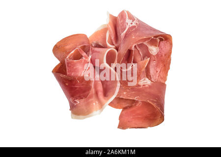 Jamon (secco sottili fette di prosciutto) su sfondo bianco antipasto spagnolo snack. Isolato con tracciato di ritaglio Foto Stock