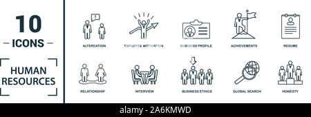 Risorse Umane icon set. Includere elementi creativi ricerca, riprendere, relazione di head hunting, intervista icone. Può essere utilizzato per il report Illustrazione Vettoriale