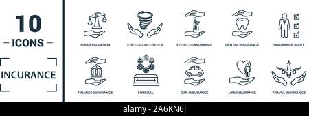 Icona di assicurazione set. Includere elementi creativi di assicurazione medica, assicurazione di viaggio, assicurazione sulla vita assicurazione finanza, le icone di protezione. Possono essere utilizzati Illustrazione Vettoriale