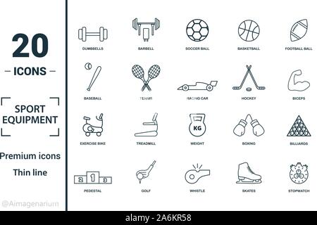 Attrezzature sportive icon set. Includere elementi creativi manubri, calcio, baseball, hockey, cyclette icone. Può essere utilizzato per il report Illustrazione Vettoriale