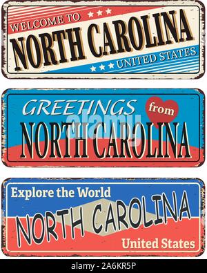 Vintage segno di stagno con stato di America Nord Carolina souvenir retrò o modello cartolina su sfondo di ruggine. Illustrazione Vettoriale