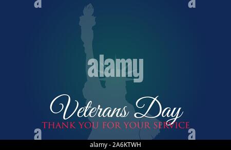 Veterani Day celebrazione illustrazione. Statua della Libertà su sfondo HD banner. Ricordare e onorare. Illustrazione Vettoriale