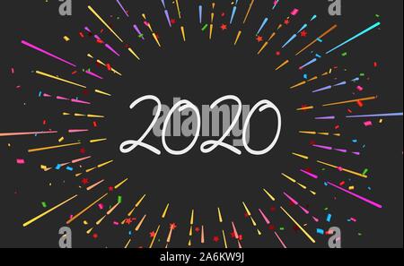 2020 felice anno nuovo fuochi d'artificio banner su sfondo nero per le vostre vacanze stagionali volantini a tema natale complimenti e carte. Illustrazione Vettoriale