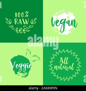 Vegane e cibo sano orientato banner su sfondo verde. Illustrazione Vettoriale