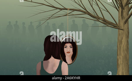 Auto esame è il tema. Una donna guarda in uno specchio come persone in background sembrano distanti e coperto in una nebbia. Foto Stock