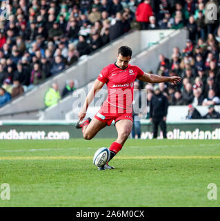 Leicester, Regno Unito. 27 ott 2019. Premiership Inglese Rugby, tigri contro i Saraceni; Alex Lozowski dei Saraceni converte Ben Earl's provare in 49minuti - Editoriale usare carte di credito: Azione Plus immagini di sport/Alamy Live News Foto Stock