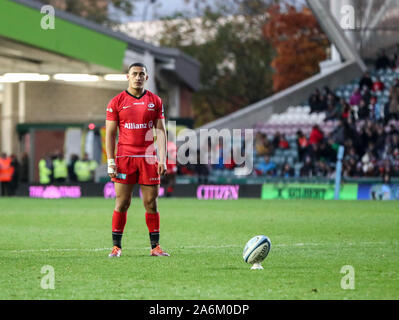 Leicester, Regno Unito. 27 ott 2019. Premiership Inglese Rugby, tigri contro i Saraceni; Manu Vunipolai dei Saraceni converte Ben Earl provare in 77th minuto - Editoriale usare carte di credito: Azione Plus immagini di sport/Alamy Live News Foto Stock