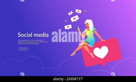 Persone che utilizzano i social media concetto illustrazione vettoriale. Giovane donna seduta su grandi bolle con cuore simboli utilizzando mobile app per sms e spingendo Illustrazione Vettoriale