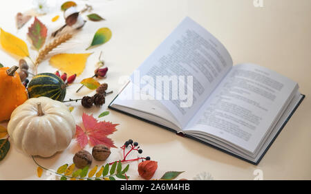 Decorazione di autunno e il libro aperto sul tavolo Foto Stock