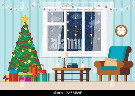 Accogliente anno nuovo home interni decorati soggiorno con albero di natale, finestra con inverno nevoso cityscape in appartamento in stile cartone animato. Illustrazione Vettoriale