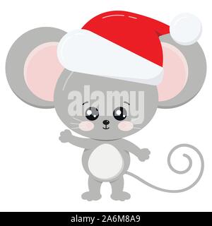 Carino, dolce e divertente inverno Anno nuovo simbolo dei cartoni animati di mouse in rosso santa natale hat isolati su sfondo bianco in stile cartoon. Illustrazione Vettoriale