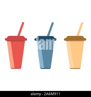 Tre Bicchieri di diversi colori con un tappo e un tubo per il caffè espresso, latte, cappuccino, tè e altre bevande Illustrazione Vettoriale