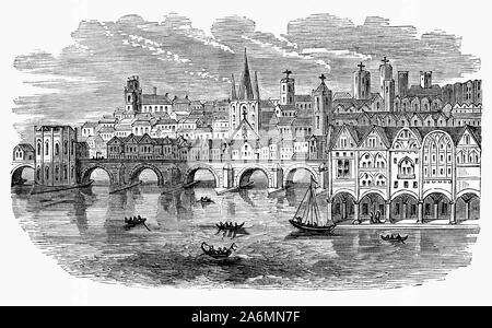 Il London Bridge e il Custom House, sulla riva nord del Tamigi nella City di Londra, un edificio precedentemente utilizzati per la riscossione dei dazi doganali. Un custom house è stata presente nella zona fin dal XIV secolo e un edificio sul suo sito attuale è stata ricostruita su un certo numero di occasioni. Nel gennaio 1715 un incendio che ha cominciato in una casa vicina, danneggiato il esso oltre la riparazione e una nuova e più grande struttura è stata costruita per i disegni di Thomas Ripley, 'Master-carpentiere' per il consiglio di amministrazione della dogana, il nuovo edificio aveva però lo stesso piano come Wren's, e possono essere riutilizzate le sue fondamenta. Foto Stock