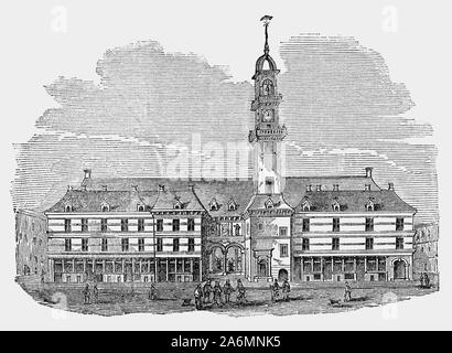 Il primo Royal Exchange di Londra è stata fondata nel XVI secolo dal mercante Sir Thomas Gresham su suggerimento del suo fattore Richard Clough di agire come un centro di commercio per la città di Londra. Il sito affiancato da Cornhill e Threadneedle Street, è stata fornita da La City of London Corporation e la Venerabile compagnia di Mercers, che ancora detengono congiuntamente la freehold. L'edificio di design originale è stato ispirato da una bourse Gresham aveva visto in Anversa, l'Antwerp bourse e fu Gran Bretagna il primo specialista edificio commerciale. Foto Stock