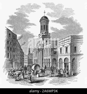 Il Royal Exchange di Londra è stata fondata nel XVI secolo dal mercante Sir Thomas Gresham su suggerimento del suo fattore Richard Clough di agire come un centro di commercio per la città di Londra. Gresham edificio originale è stato distrutto in un grande incendio di Londra nel 1666. Il secondo edificio costruito sul sito affiancato da Cornhill e Threadneedle Street è stato progettato da Edward Jarman e aperto nel 1669, ma che anche bruciate, il 10 gennaio 1838. Esso è stato utilizzato dal Lloyd's mercato assicurativo, che è stato costretto a spostare temporaneamente al Mare del Sud Assemblea dopo l'incendio del 1838. Foto Stock