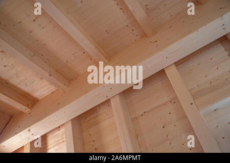 Primo piano di uno splendido tetto a capriate in legno sul lato interno di una casa di nuova costruzione Foto Stock