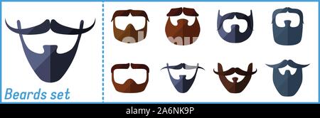 Barba piatta set di icone con hipster baffi Illustrazione Vettoriale