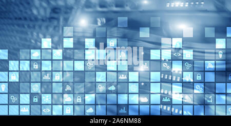 Abstract digitali pixel di sfondo icone sfocate moderna sala server. La tecnologia di telecomunicazione internet Iot di cosa concetto. Foto Stock
