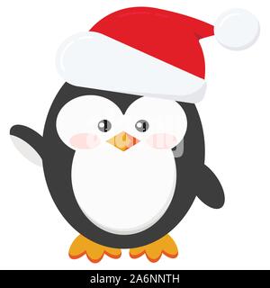 Appartamento carino e divertente inverno pinguino in Babbo Natale rosso con cappello di pelliccia e pompom isolati su sfondo bianco. Illustrazione Vettoriale