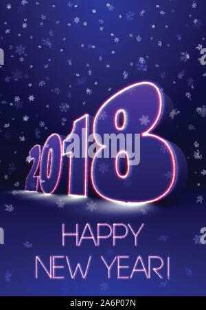 2018 insegna al neon per Natale o Felice Anno Nuovo 80s partito con stile Illustrazione Vettoriale