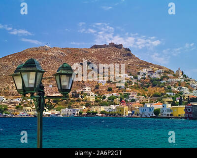 Agia (SAN) Marina Village di Leros, Dodecanneso, Grecia. Foto Stock