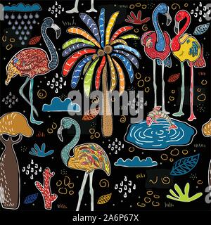 Seamless disegnati a mano pattern colorati con Flamingo. Lo stile scandinavo. Illustrazione Vettoriale Illustrazione Vettoriale