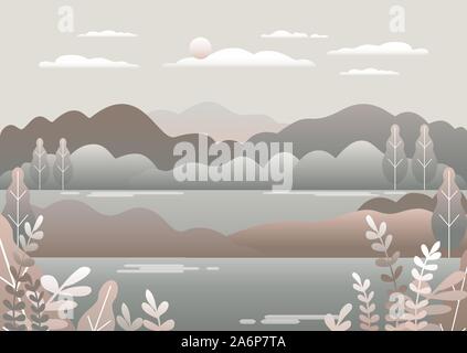 Paesaggio di campagna. Bellissima natura con montagne, colline, campo, alberi, bosco, il lago e il cielo e sun. Cartoon illustrazione vettoriale piana di sfondo Illustrazione Vettoriale
