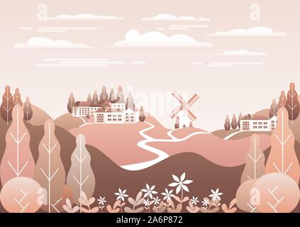 Paesaggio di campagna. Motivo del paese con la fattoria. Bella città con le case, milll. La natura con le montagne, colline, campo, alberi, foresta. Illustr Cartoon Illustrazione Vettoriale