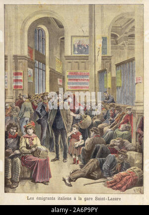 Les émigrants italiens à la gare Saint-Lazare - gli emigranti italiani alla stazione Saint-Lazare - In "Le Petit Journal' Francese giornale illustrato - Foto Stock