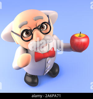 Cartoon mad professor scienziato tenendo un organico di apple, 3D render illustrazione Foto Stock