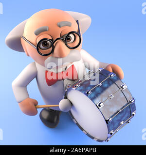 Divertente lo scienziato pazzo professore giocando il bass drum,3d render illustrazione Foto Stock