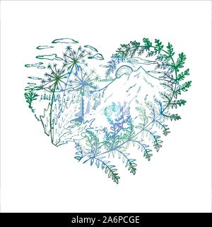 Neon di disegno del cuore in cui il tarassaco, felce, tramonto, montagne, nuvole, alberi. Illustrazione Vettoriale