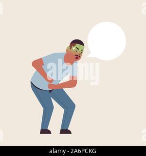 Triste guy vomito nausea mal di stomaco alimenti o avvelenamento da alcool problema digestivo concetto infelice african american uomo puking sensazione di malessere piana di lunghezza completa illustrazione vettoriale Illustrazione Vettoriale