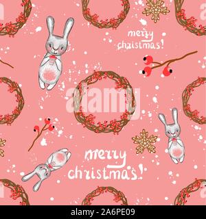 Natale seamless pattern. Illustrazione Vettoriale. Nuovo Anno di coniglio. Rami di conifere e decorazioni. Illustrazione Vettoriale