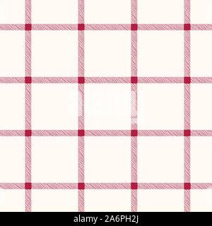 Classic Hand-Drawn Vetro di finestra Controlli Plaid bianco controlli su sfondo rosso Vector Seamless Pattern. Tradizionale tessile retrò Seamless Pattern Print Pe Illustrazione Vettoriale