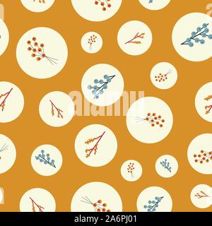 Rientrano la natura polka dot pattern con elementi d'autunno. Design stagionale con rami e foglie. Giallo rosso marrone arancione blu autunno caldo colore. Ripetere Illustrazione Vettoriale